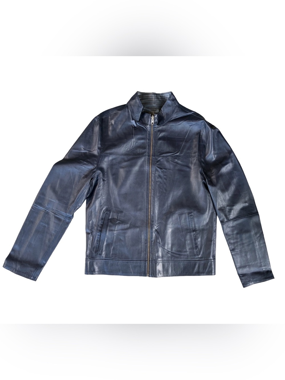 Italian Leather Reversible Jacket Midnight Blue Plaid | Men’s Size L (42)